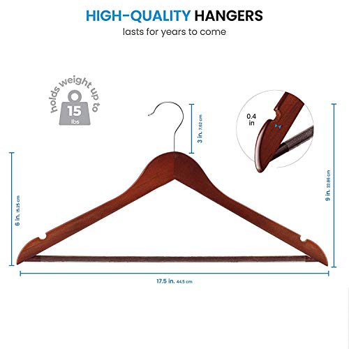 SUNFINE HANGER---High-Grade Wooden Shirt Hangers 20 Pack with Non Slip Pants Bar - Smooth Finish Solid Wood Coat Hanger with 360° Swivel Hook and Precisely Cut Notches for Camisole, Jacket, Pant, Dress Clothes Hangers