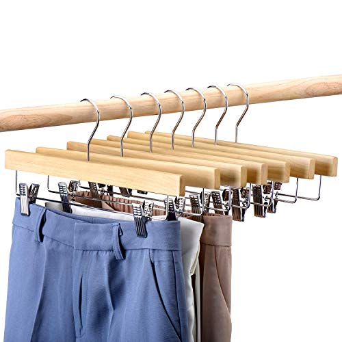 SUNFINE HANGER---Wooden Pants Hangers 10pcs 14inch Wood Skirt Hangers Trousers Bottom Hangers with Adjustable Clips, 360 Swivel Hook, Premium Solid Wood, Natural Wood Hangers Elegant for Closet Organization