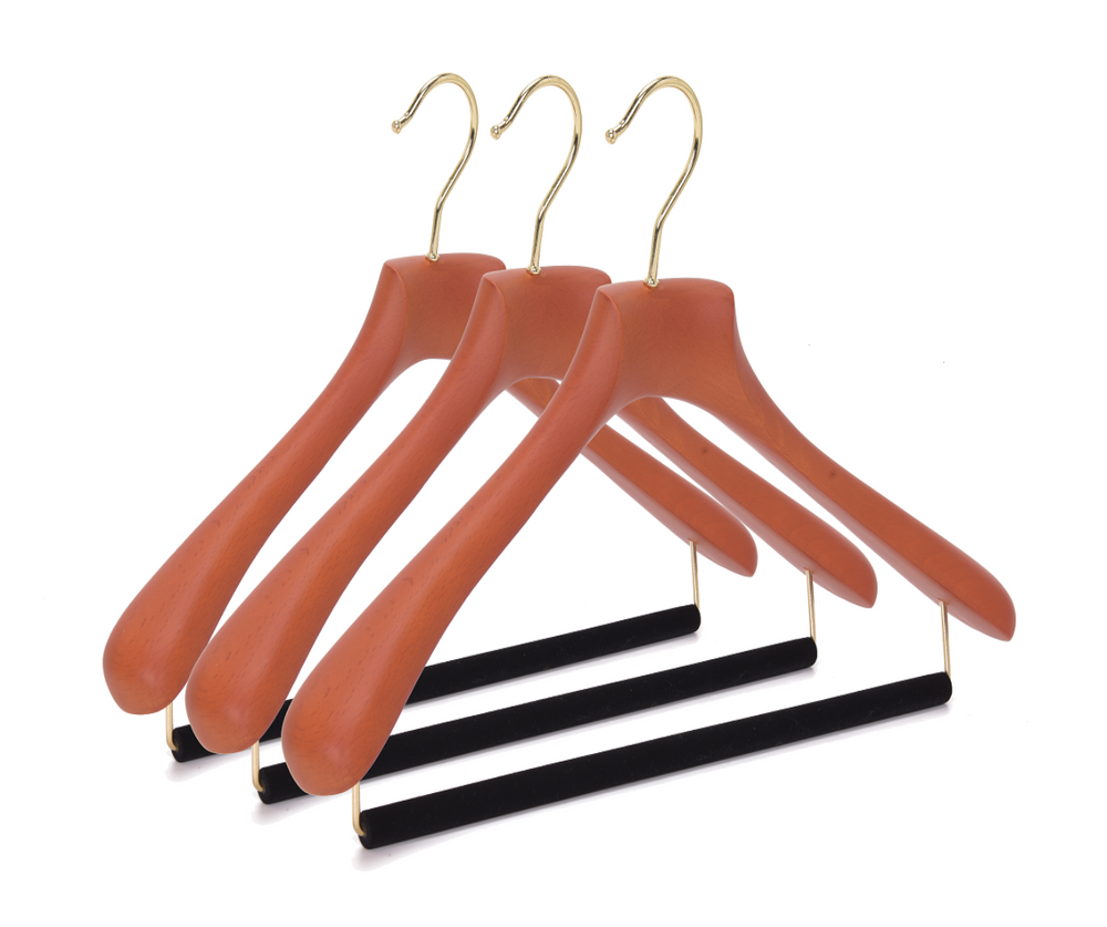Quality Luxury Curved Wooden Suit Hangers For Coats And Pants With Velvet Bar Matte Butter Scotch Finish