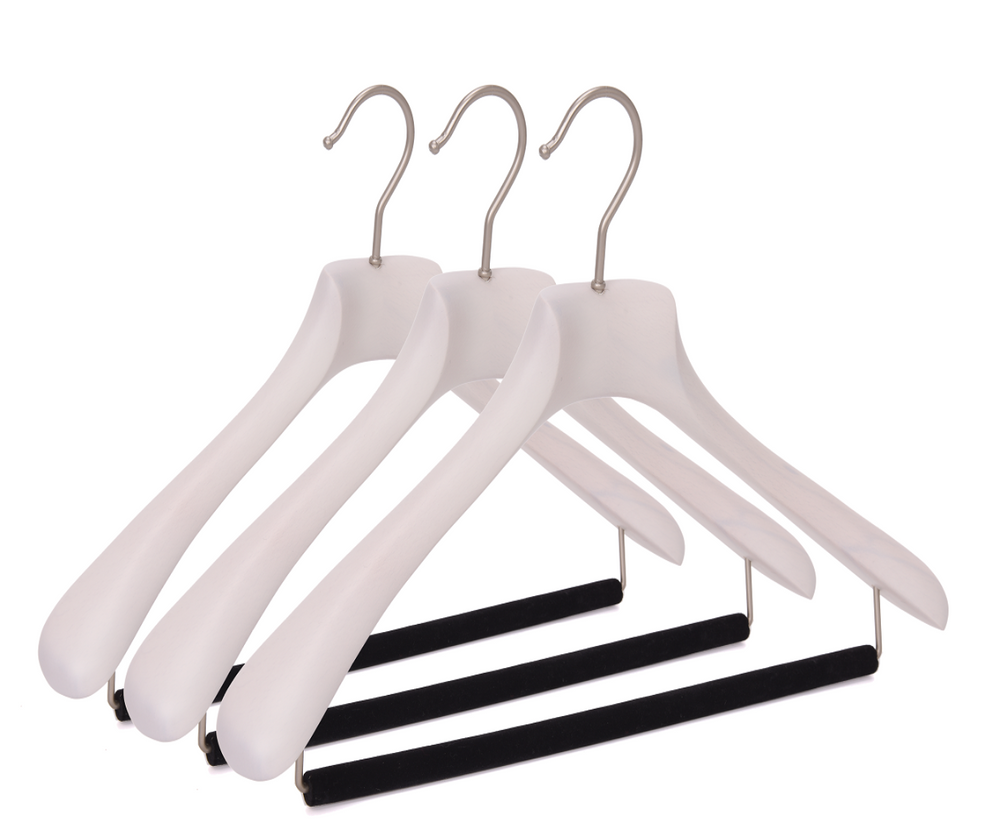 Quality Luxury Curved Wooden Suit Hangers  For Coats And Pants With Velvet Bar Matte White Wash Finish