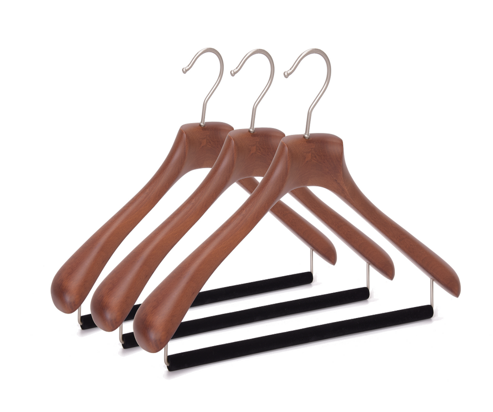 Quality Luxury Curved Wooden Suit Hangers  For Coats And Pants With Velvet Bar Matte Walnut Finish