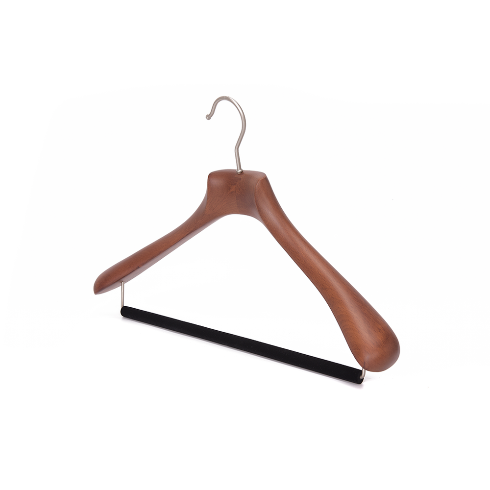 Quality Luxury Curved Wooden Suit Hangers  For Coats And Pants With Velvet Bar Matte Walnut Finish