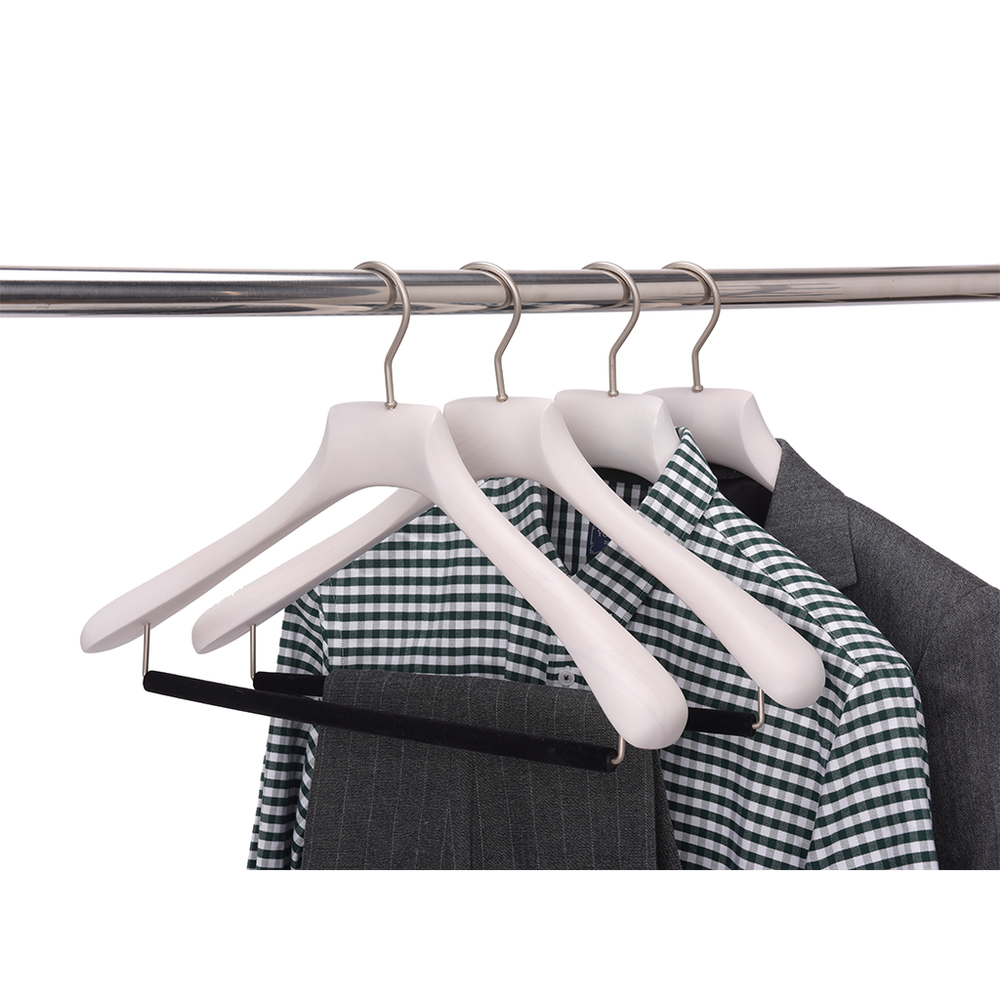 Quality Luxury Curved Wooden Suit Hangers  For Coats And Pants With Velvet Bar Matte White Wash Finish