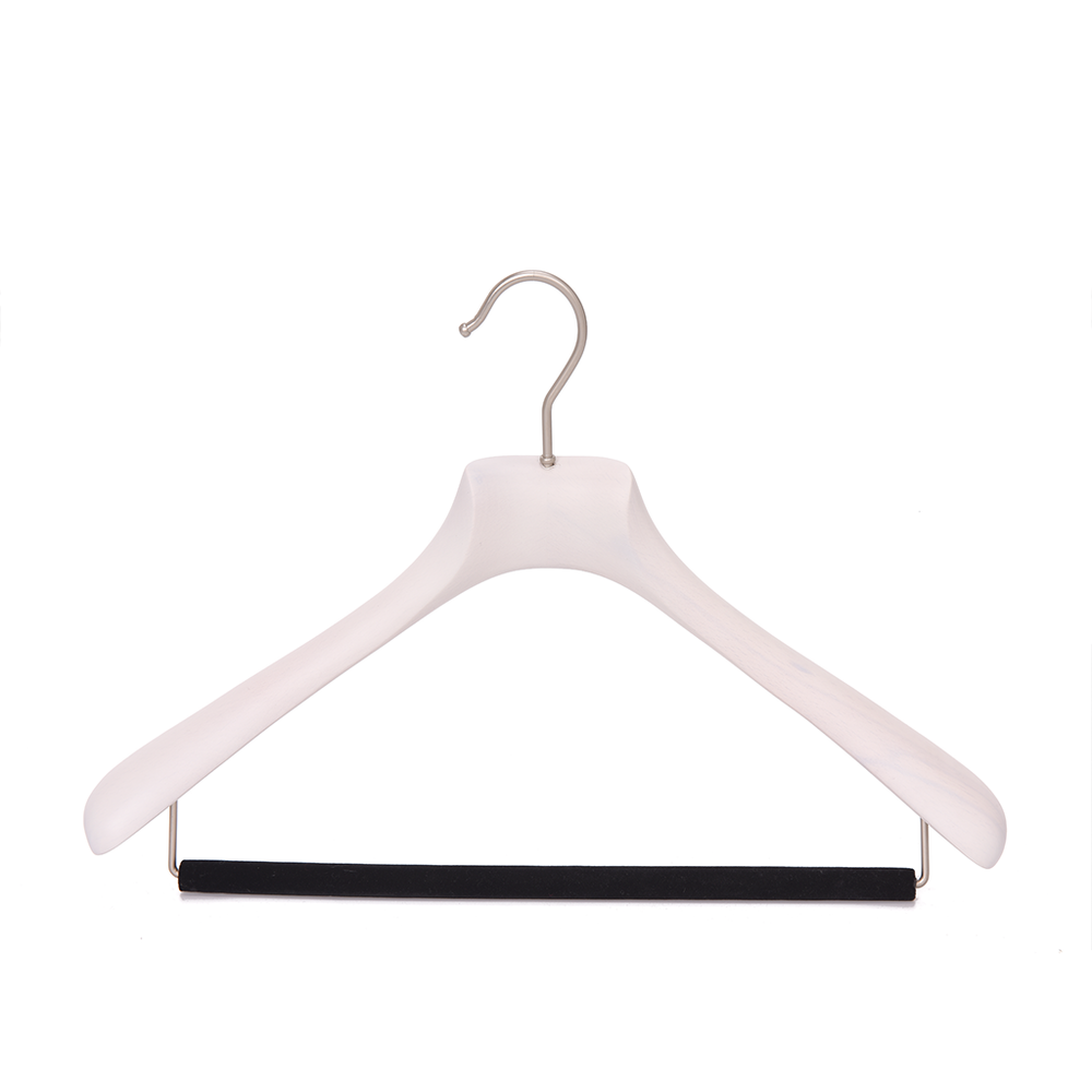 Quality Luxury Curved Wooden Suit Hangers  For Coats And Pants With Velvet Bar Matte White Wash Finish