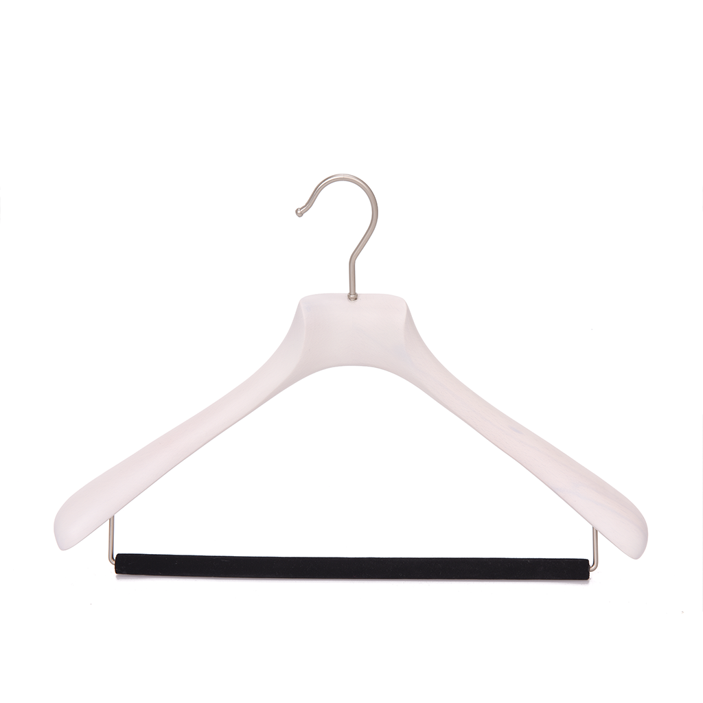 Quality Luxury Curved Wooden Suit Hangers  For Coats And Pants With Velvet Bar Matte White Wash Finish
