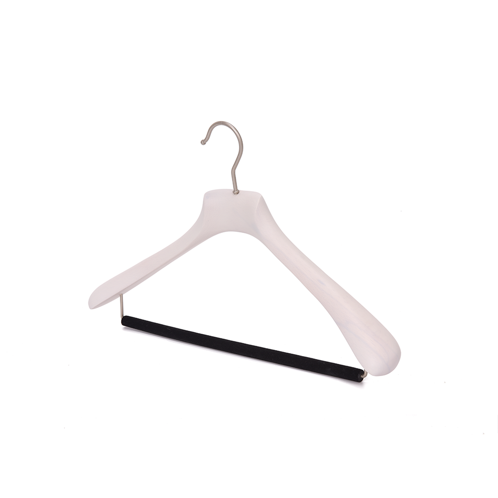 Quality Luxury Curved Wooden Suit Hangers  For Coats And Pants With Velvet Bar Matte White Wash Finish