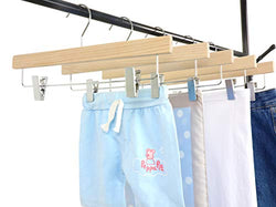 SUNFINE HANGER---Natural Wooden Pants Hangers, High-Grade American Ash Wood Skirt Hanger, Pants Slacks with Metal Anti-Wrinkle Rubber Clips, 10pcs Pack-CTS02