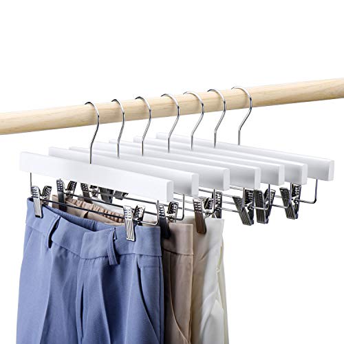 SUNFINE HANGER---Wooden Pants Hangers 10pcs 14inch Wood Skirt Hangers Trousers Bottom Hangers with Adjustable Clips, 360 Swivel Hook, Premium Solid Wood, Natural Wood Hangers Elegant for Closet Organization