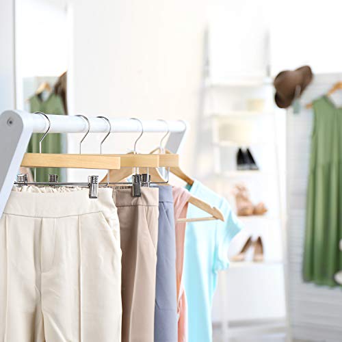 SUNFINE HANGER---Wooden Pants Hangers 10pcs 14inch Wood Skirt Hangers Trousers Bottom Hangers with Adjustable Clips, 360 Swivel Hook, Premium Solid Wood, Natural Wood Hangers Elegant for Closet Organization