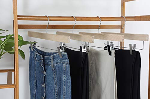 SUNFINE HANGER---Natural Wooden Pants Hangers, High-Grade American Ash Wood Skirt Hanger, Pants Slacks with Metal Anti-Wrinkle Rubber Clips, 10pcs Pack-CTS02