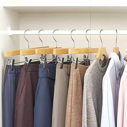 SUNFINE HANGER---Wooden Pants Hangers 10pcs 14inch Wood Skirt Hangers Trousers Bottom Hangers with Adjustable Clips, 360 Swivel Hook, Premium Solid Wood, Natural Wood Hangers Elegant for Closet Organization