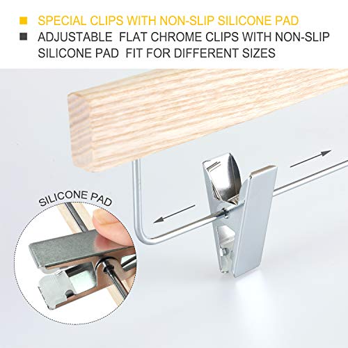 SUNFINE HANGER---Natural Wooden Pants Hangers, High-Grade American Ash Wood Skirt Hanger, Pants Slacks with Metal Anti-Wrinkle Rubber Clips, 10pcs Pack-CTS02