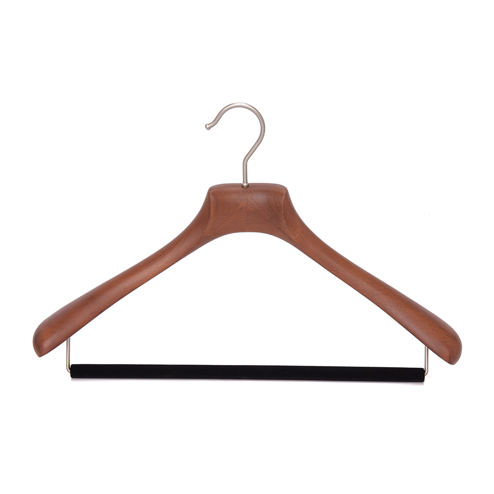 Quality Luxury Curved Wooden Suit Hangers  For Coats And Pants With Velvet Bar Matte Walnut Finish