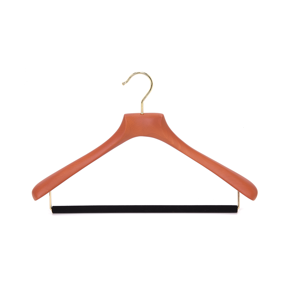 Quality Luxury Curved Wooden Suit Hangers  For Coats And Pants With Velvet Bar Matte Butter Scotch Finish