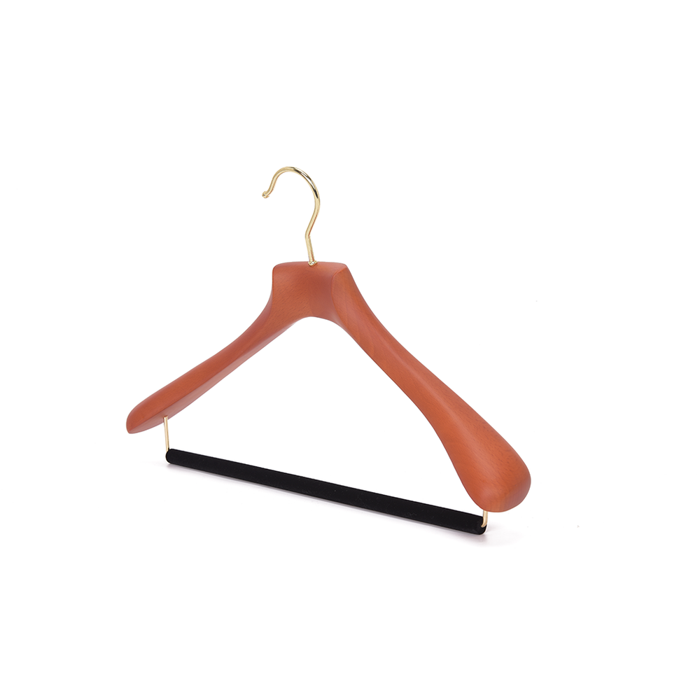 Quality Luxury Curved Wooden Suit Hangers  For Coats And Pants With Velvet Bar Matte Butter Scotch Finish